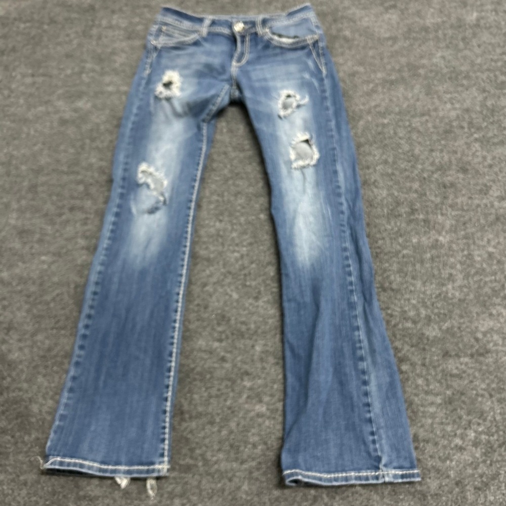 LA Idol Jeans Womens Size 9 Blue Bootcut Distressed Ripped Rhinestone Low Rise